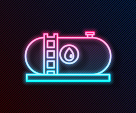 Glowing neon line Oil and gas industrial factory building icon isolated on black background. Vector Illustrationのイラスト素材