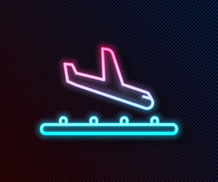Glowing neon line Plane landing icon isolated on black background. Airplane transport symbol. Vector Illustrationのイラスト素材