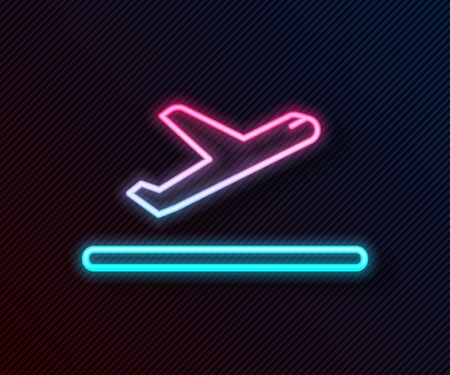 Glowing neon line Plane takeoff icon isolated on black background. Airplane transport symbol. Vector Illustrationのイラスト素材