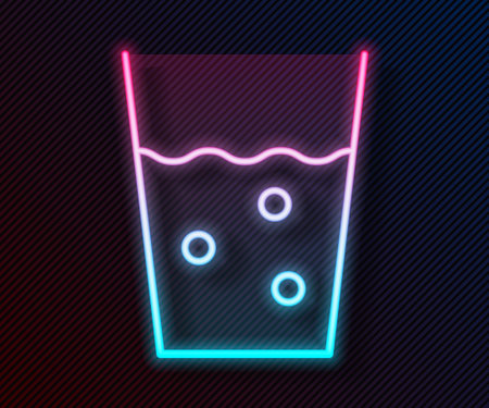 Glowing neon line Glass with water icon isolated on black background. Soda glass. Vector Illustrationのイラスト素材