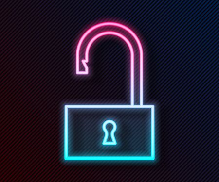 Glowing neon line Open padlock icon isolated on black background. Opened lock sign. Cyber security concept. Digital data protection. Vector Illustrationのイラスト素材