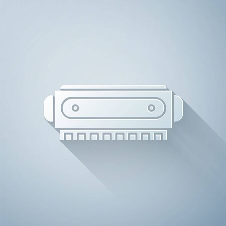 Paper cut Harmonica icon isolated on grey background. Musical instrument. Paper art style. Vector Illustrationのイラスト素材