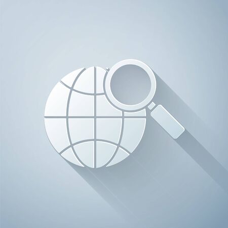 Paper cut Magnifying glass with globe icon isolated on grey background. Analyzing the world. Global search sign. Paper art style. Vector Illustrationのイラスト素材