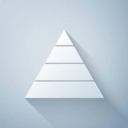 Paper cut Business pyramid chart infographics icon isolated on grey background. Pyramidal stages graph elements. Paper art style. Vector Illustrationのイラスト素材