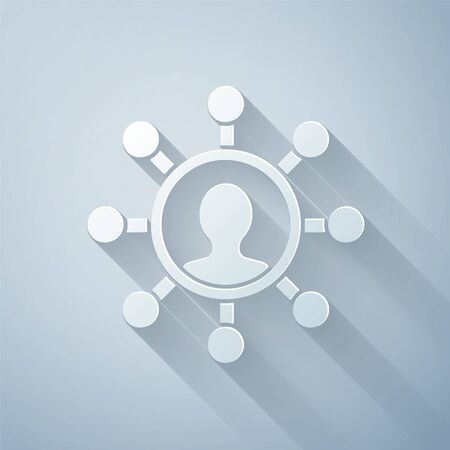 Paper cut Business network and communication icon isolated on grey background. Strong network marketing, influence, and leadership. Paper art style. Vector Illustrationのイラスト素材