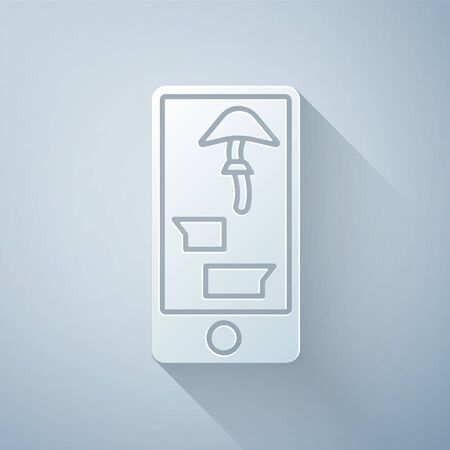 Paper cut Buying drugs online on mobile phone icon isolated on grey background. Online buying symbol. Paper art style. Vector Illustrationのイラスト素材