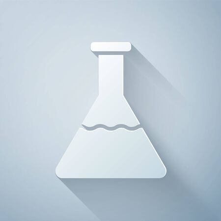 Paper cut Test tube and flask chemical laboratory test icon isolated on grey background. Laboratory glassware sign. Paper art style. Vector Illustrationのイラスト素材