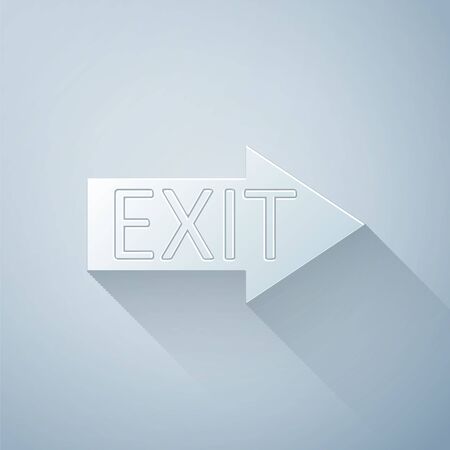 Paper cut Fire exit icon isolated on grey background. Fire emergency icon. Paper art style. Vector Illustrationのイラスト素材