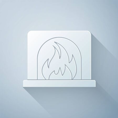 Paper cut Interior fireplace icon isolated on grey background. Paper art style. Vector Illustrationのイラスト素材