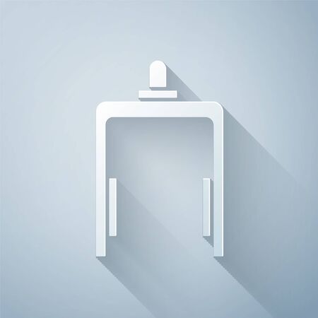 Paper cut Metal detector in airport icon isolated on grey background. Airport security guard on metal detector check point. Paper art style. Vector Illustrationのイラスト素材