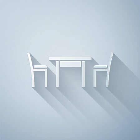 Paper cut Wooden table with chair icon isolated on grey background. Paper art style. Vector Illustrationのイラスト素材