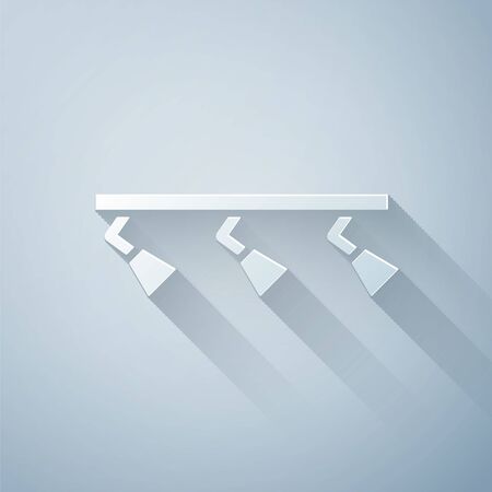 Paper cut Led track lights and lamps with spotlights icon isolated on grey background. Paper art style. Vector Illustrationのイラスト素材