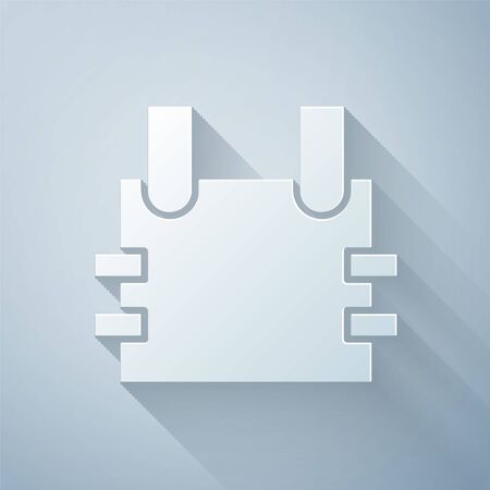 Paper cut Bulletproof vest for protection from bullets icon isolated on grey background. Body armor sign. Military clothing. Paper art style. Vector Illustrationのイラスト素材