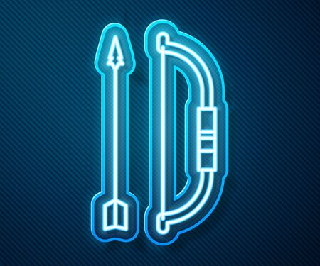 Glowing neon line Bow and arrow in quiver icon isolated on blue background.  Vector Illustrationのイラスト素材