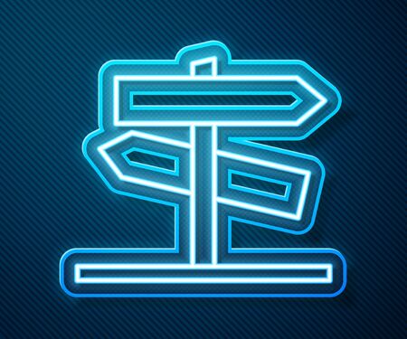 Glowing neon line Road traffic sign. Signpost icon isolated on blue background. Pointer symbol. Street information sign. Direction sign.  Vector Illustrationのイラスト素材