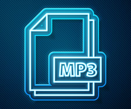 Glowing neon line MP3 file document. Download mp3 button icon isolated on blue background. Mp3 music format sign. MP3 file symbol. Vector Illustrationのイラスト素材