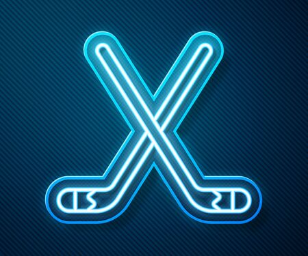 Glowing neon line Ice hockey sticks icon isolated on blue background. Vector Illustrationのイラスト素材