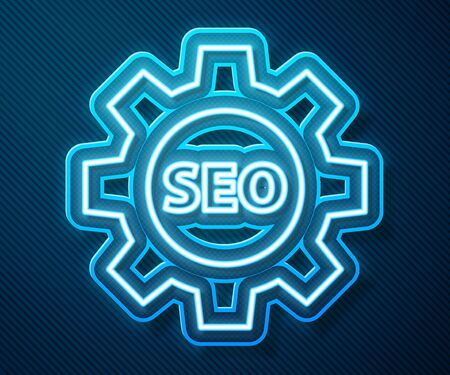Glowing neon line Seo tag with gear wheel icon isolated on blue background. Vector Illustrationのイラスト素材