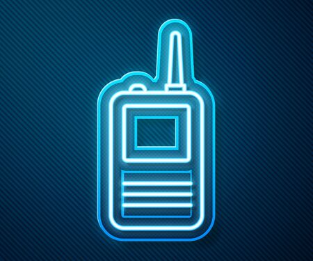 Glowing neon line Walkie talkie icon isolated on blue background. Portable radio transmitter icon. Radio transceiver sign. Vector Illustrationのイラスト素材