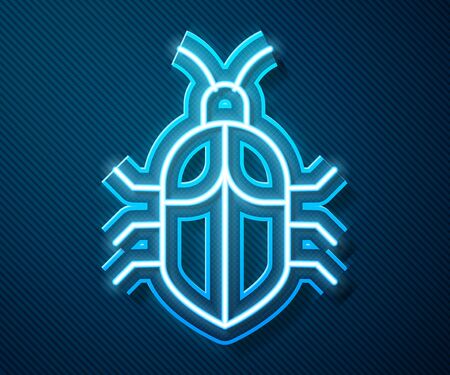 Glowing neon line System bug concept icon isolated on blue background. Code bug concept. Bug in the system. Bug searching. Vector Illustrationのイラスト素材