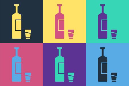 Pop art Whiskey bottle and glass icon isolated on color background.  Vector Illustrationのイラスト素材
