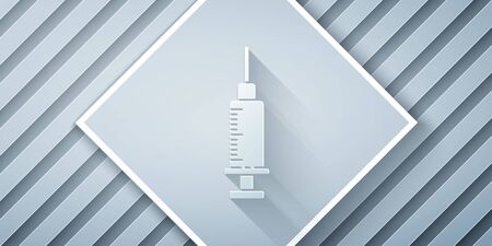 Paper cut Syringe icon isolated on grey background. Syringe for vaccine, vaccination, injection, flu shot. Medical equipment. Paper art style. Vector Illustrationのイラスト素材