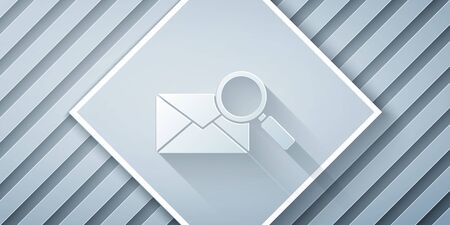 Paper cut Envelope mail with magnifying glass icon isolated on grey background. Paper art style. Vector Illustrationのイラスト素材