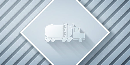 Paper cut Tanker truck icon isolated on grey background. Petroleum tanker, petrol truck, cistern, oil trailer. Paper art style. Vector Illustrationのイラスト素材