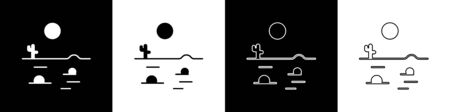 Set Desert landscape with cactus icon isolated on black and white background. Vector Illustrationのイラスト素材