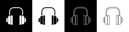 Set Headphones icon isolated on black and white background. Support customer service, hotline, call center, faq, maintenance. Vector Illustrationのイラスト素材