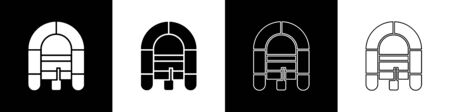 Set Rafting boat icon isolated on black and white background. Inflatable boat. Water sports, extreme sports, holiday, vacation.  Vector Illustrationのイラスト素材