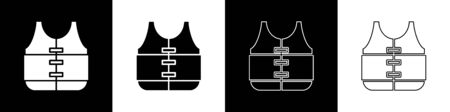 Set Life jacket icon isolated on black and white background. Life vest icon. Extreme sport. Sport equipment.  Vector Illustrationのイラスト素材