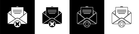 Set Delete envelope icon isolated on black and white background. Delete or error letter. Cross on...