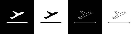 Set Plane takeoff icon isolated on black and white background. Airplane transport symbol. Vector Illustrationのイラスト素材