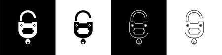 Set Lock and key icon isolated on black and white background. Padlock sign. Security, safety,...