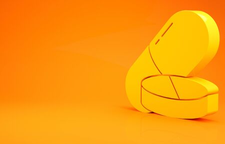 Yellow Medicine pill or tablet icon isolated on orange background. Capsule pill and drug sign. Pharmacy design. Minimalism concept. 3d illustration 3D renderの写真素材