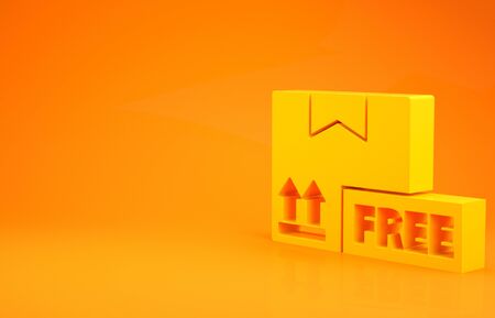 Yellow Cardboard box with free symbol icon isolated on orange background. Box, package, parcel. Delivery, transportation and shipping. Minimalism concept. 3d illustration 3D renderの写真素材