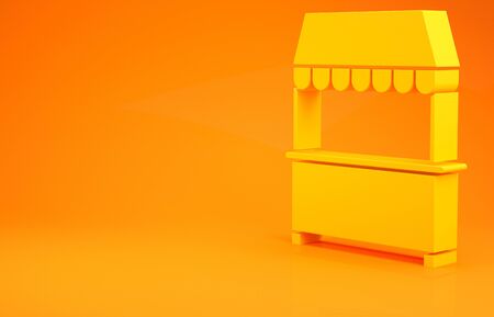 Yellow Street stall with awning and wooden rack icon isolated on orange background. Kiosk with wooden rack. Minimalism concept. 3d illustration 3D renderの写真素材