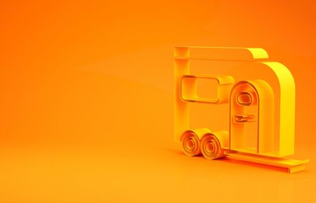 Yellow Rv Camping trailer icon isolated on orange background. Travel mobile home, caravan, home camper for travel. Minimalism concept. 3d illustration 3D renderの写真素材