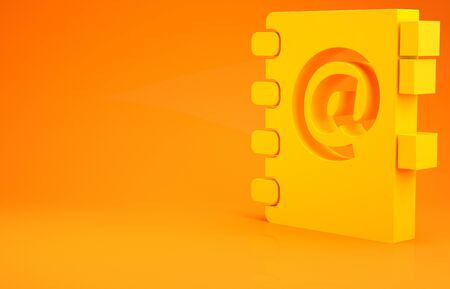 Yellow Address book icon isolated on orange background. Notebook, address, contact, directory, phone, telephone book icon. Minimalism concept. 3d illustration 3D renderの写真素材
