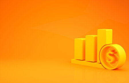 Yellow Pie chart infographic and dollar symbol icon isolated on orange background. Diagram chart...