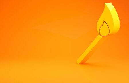 Yellow Burning match with fire icon isolated on orange background. Match with fire. Matches sign. Minimalism concept. 3d illustration 3D renderの写真素材
