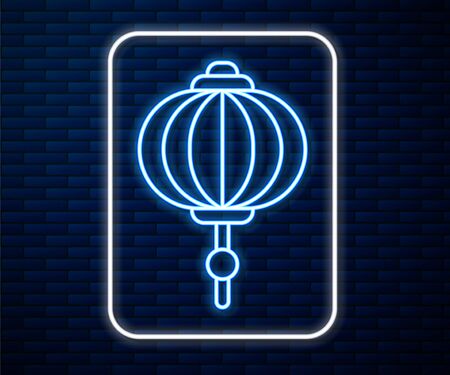 Glowing neon line Chinese paper lantern icon isolated on brick wall background. Vector Illustrationのイラスト素材