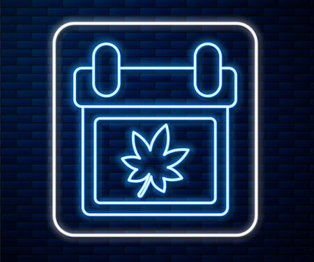 Glowing neon line Calendar with autumn leaves icon isolated on brick wall background. Vector Illustrationのイラスト素材