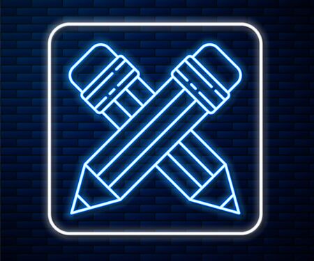 Glowing neon line Crossed pencil with eraser icon isolated on brick wall background. Drawing and educational tools. School office symbol. Vector Illustrationのイラスト素材