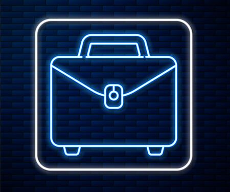 Glowing neon line Briefcase icon isolated on brick wall background. Business case sign. Business portfolio. Vector Illustrationのイラスト素材