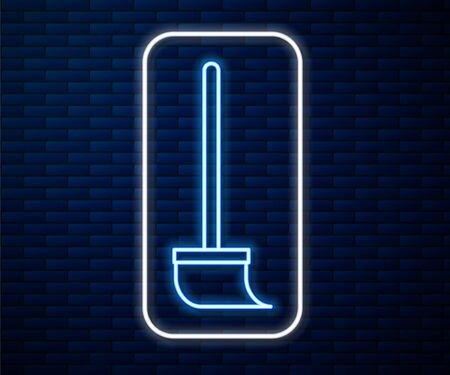 Glowing neon line Mop icon isolated on brick wall background. Cleaning service concept. Vector Illustrationのイラスト素材