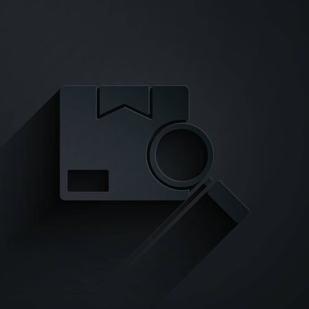 Paper cut Search package icon isolated on black background. Parcel tracking. Magnifying glass and cardboard box. Logistic and delivery. Paper art style. Vector Illustrationのイラスト素材