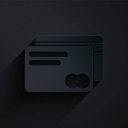 Paper cut Credit card icon isolated on black background. Online payment. Cash withdrawal. Financial operations. Shopping sign. Paper art style. Vector Illustrationのイラスト素材