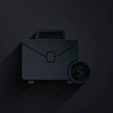 Paper cut Briefcase and money icon isolated on black background. Business case sign. Business portfolio. Paper art style. Vector Illustrationのイラスト素材